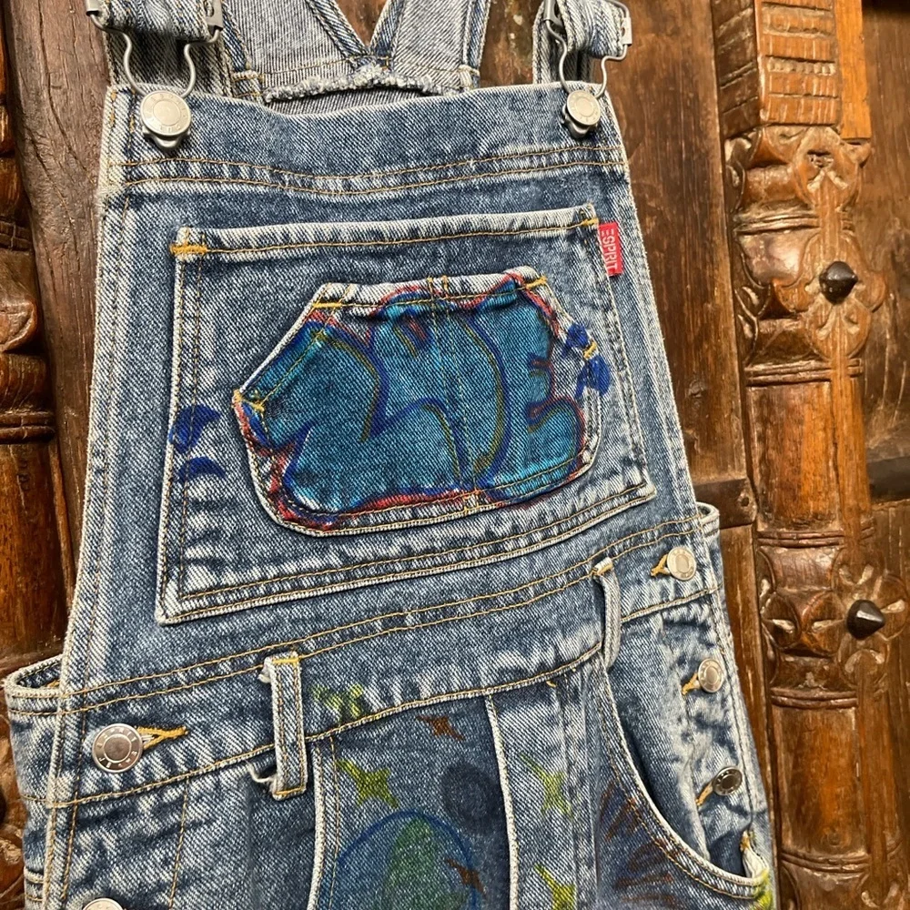 Vintage Esprit Hand-Painted Denim Overalls | 90s Graffiti Art Jeans | Size S - Picture 7 of 8
